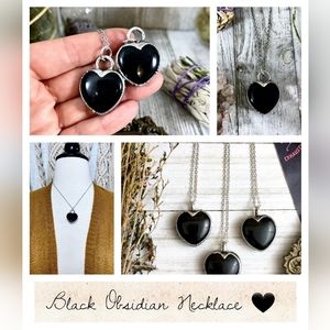 Black Obsidian Crystal Heart Necklace In Fine Silver
